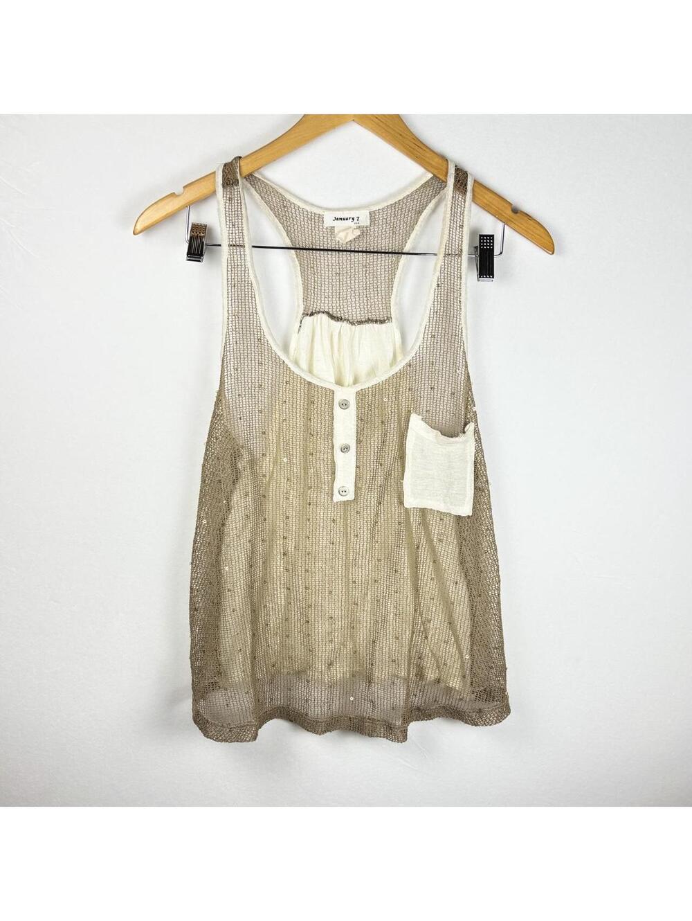 January 7 Made in USA Gold Shimmering Sequin Mesh Tank Top